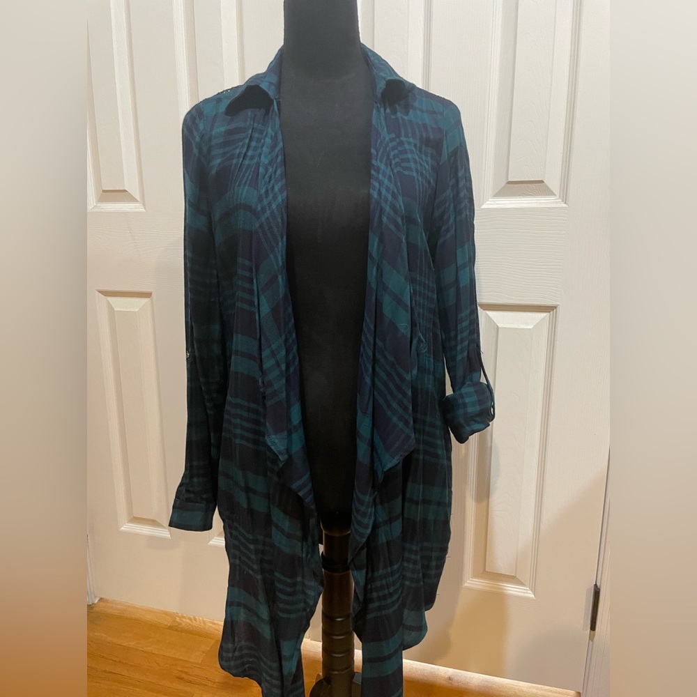 Kori America Teal & Navy Blue Plaid Long Cardigan NWT